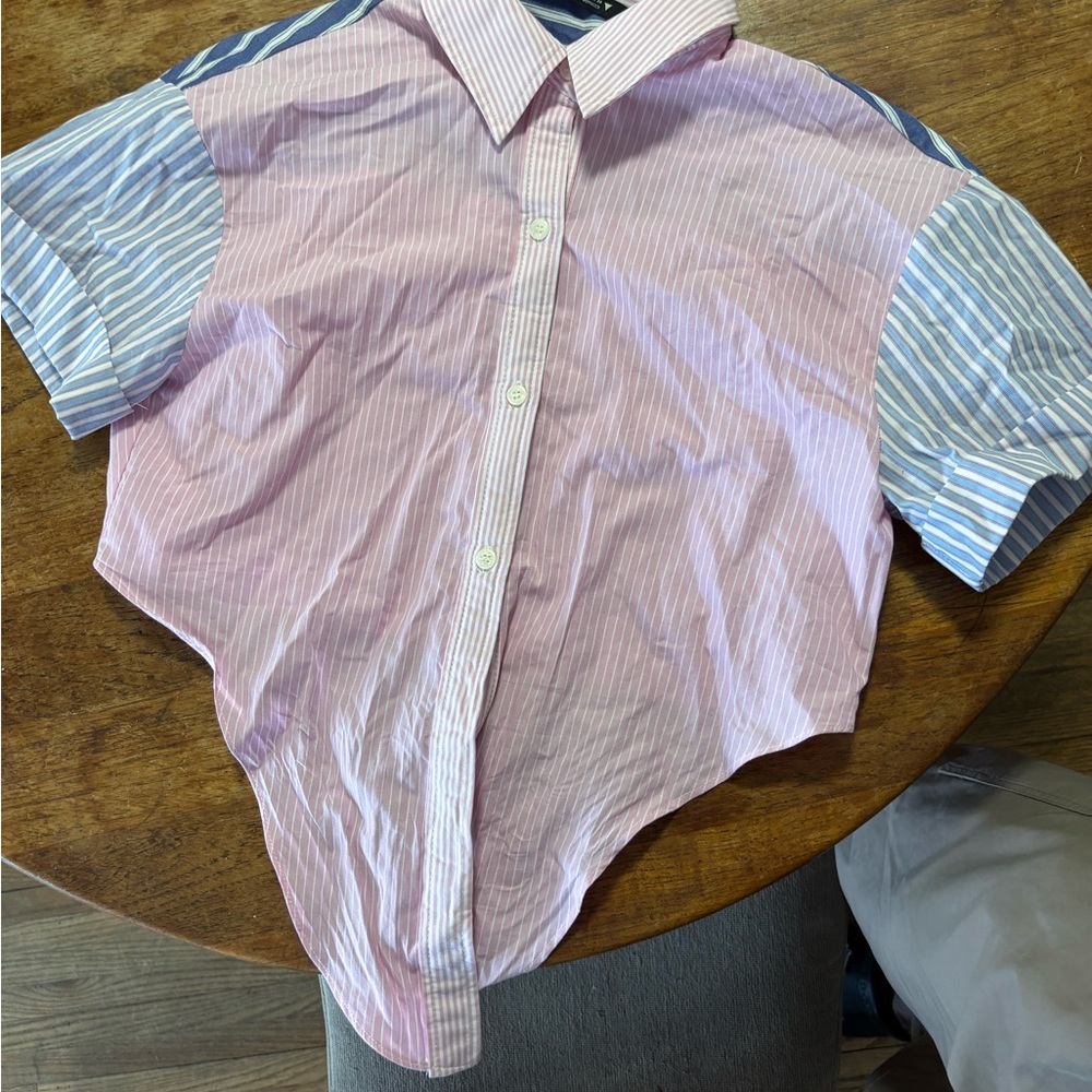 Zara Striped Colorblock Button-Up Shirt in Pink and Light Blue